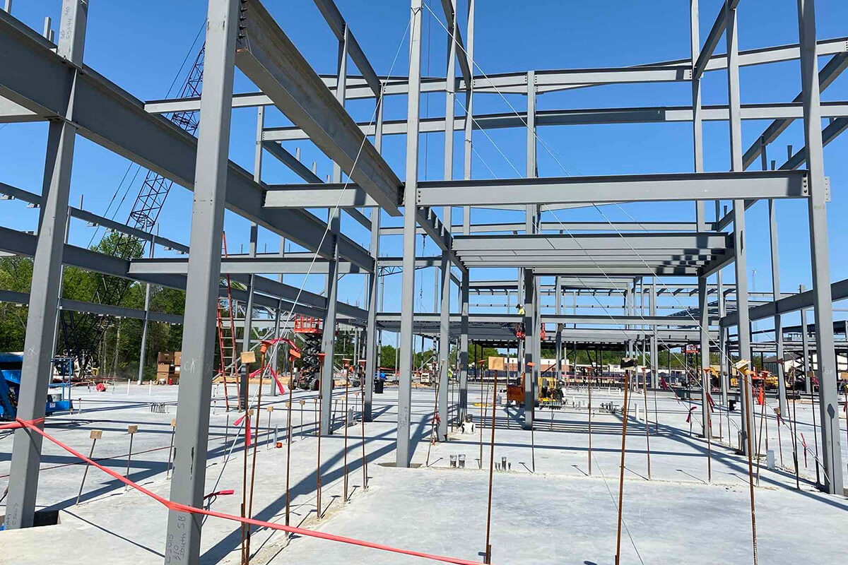 Macuch Steel Projects - structural steel beams being placed on-site at the construction of the Bethel-Hanberry Elementary School in South Carolina